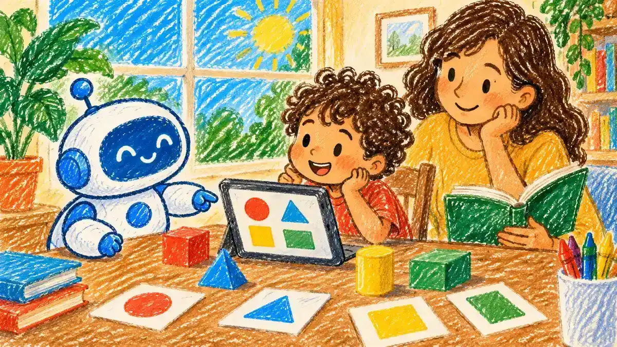 Child learning with a friendly AI tutor on a tablet
